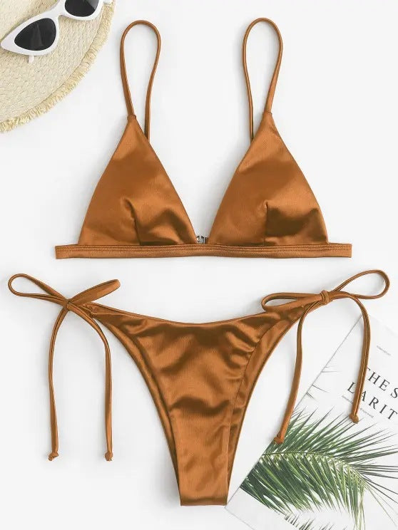 Three-point Bikini With Hanging Neck Solid And Simple Color Coffee