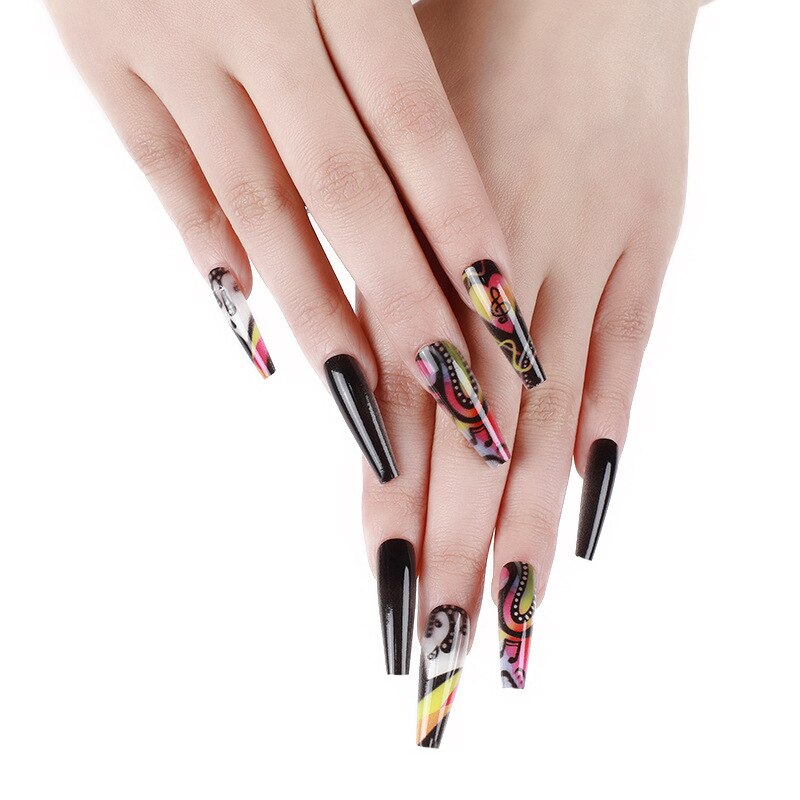 3D Fake nails set press on faux ongles capsule tips DIY manicure supplies Colorful sheet music designs long false acrylic nails A with box