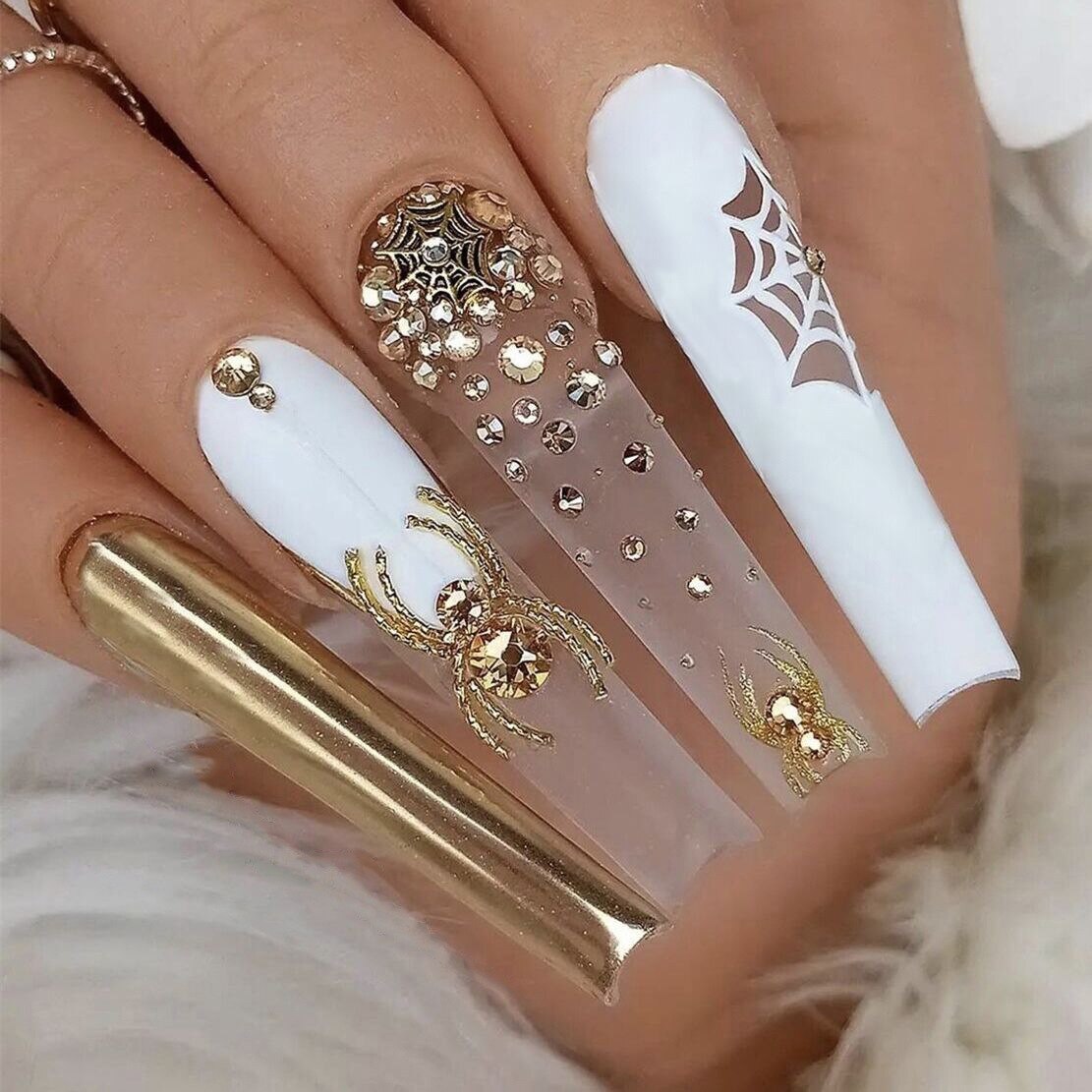 3D Halloween fake nails gold spider with glitter diamond designs long french coffin tips faux ongles press on false nail supplie Default Title