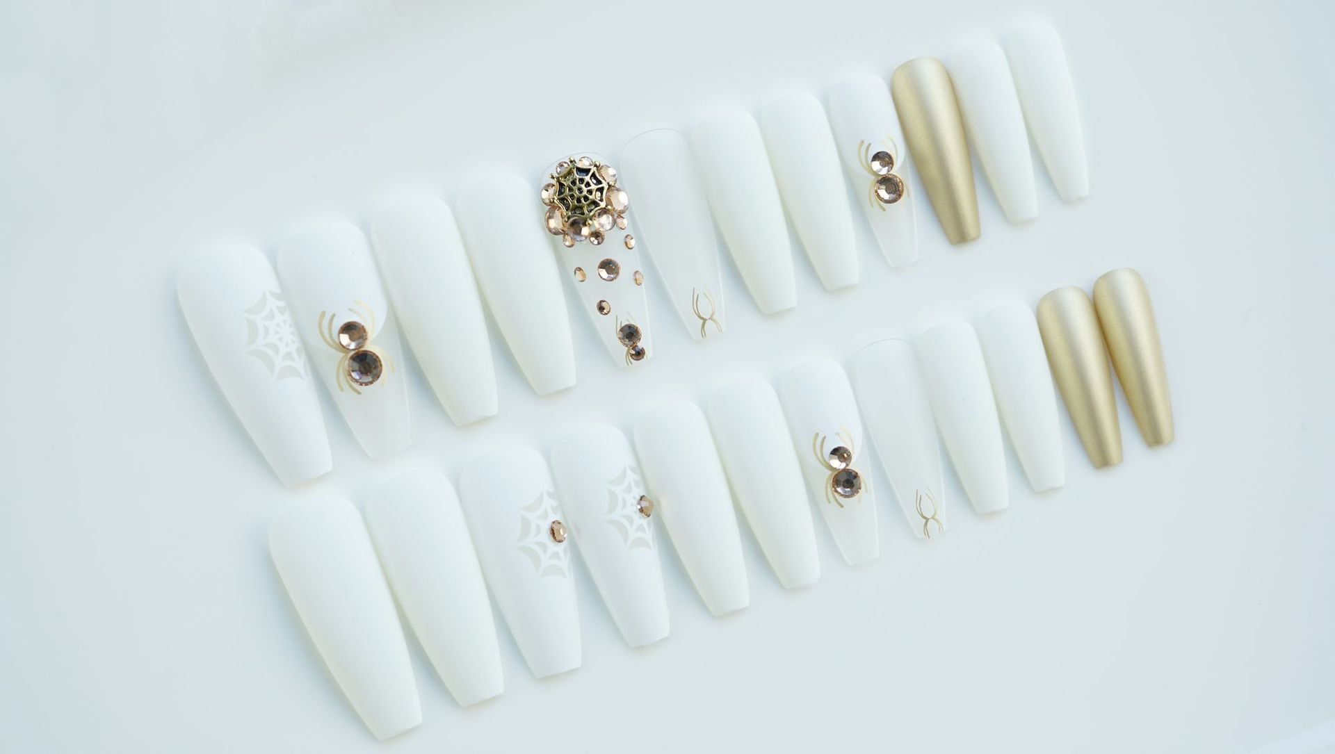 3D Halloween fake nails gold spider with glitter diamond designs long french coffin tips faux ongles press on false nail supplie