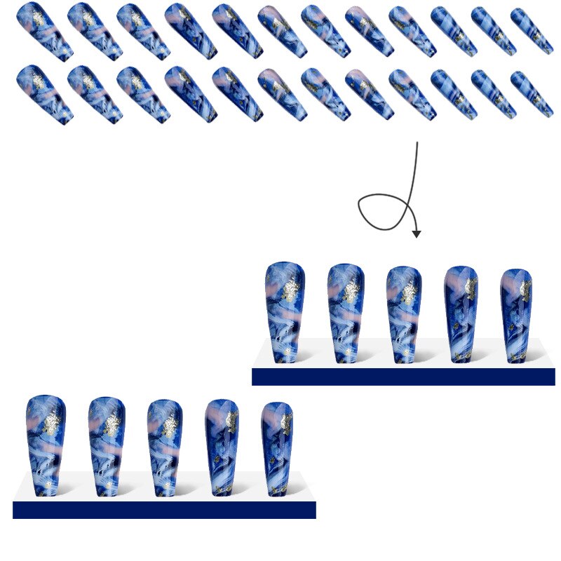 3D ballet fake nails accessories long french coffin tips Dream Blue Ink Printing with gold foils faux ongles press on false nail