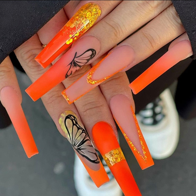 3D ballet fake nails set graident orange french coffin tips with black butterfly gold glitters faux ongles press on false nail
