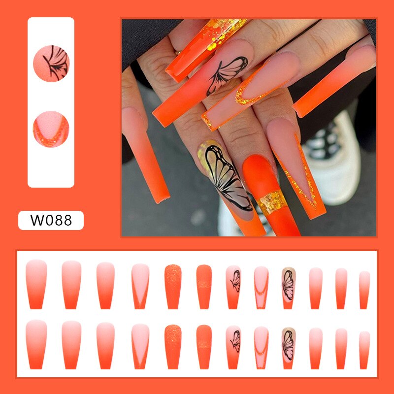 3D ballet fake nails set graident orange french coffin tips with black butterfly gold glitters faux ongles press on false nail Default Title