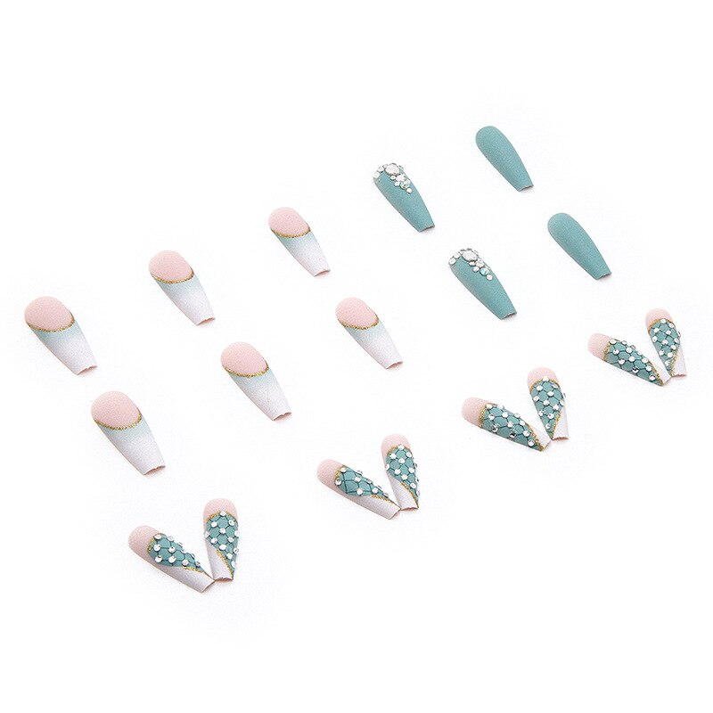 3D ballet fake nails set summer Green heart with glitter diamond designs long french coffin tips faux ongles press on false nail