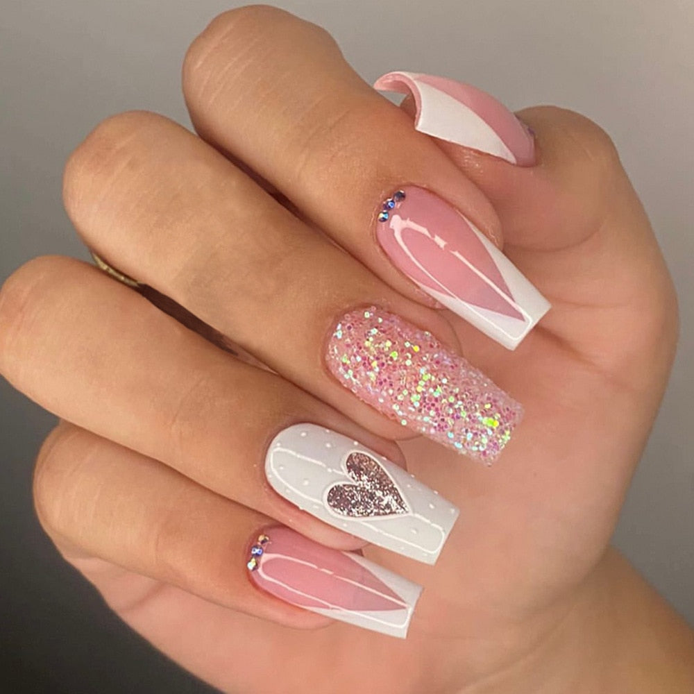 3D cool sweet pink strobe fake nails glitter heart designs french coffin tips with diamond faux ongles press on false nail set