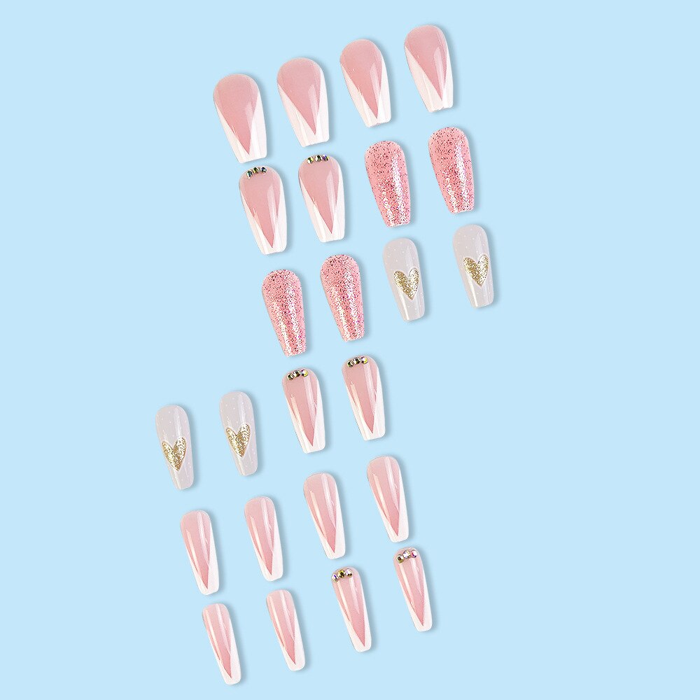 3D cool sweet pink strobe fake nails glitter heart designs french coffin tips with diamond faux ongles press on false nail set