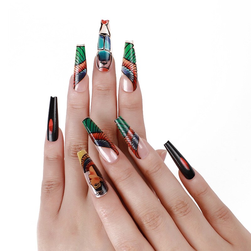 3D fake nails Peacock girl designs French long coffin tips press on faux ongles tips DIY manicure supplies false acrylic nails