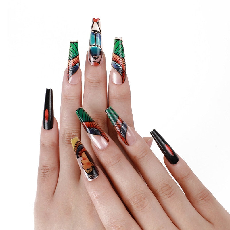 3D fake nails Peacock girl designs French long coffin tips press on faux ongles tips DIY manicure supplies false acrylic nails
