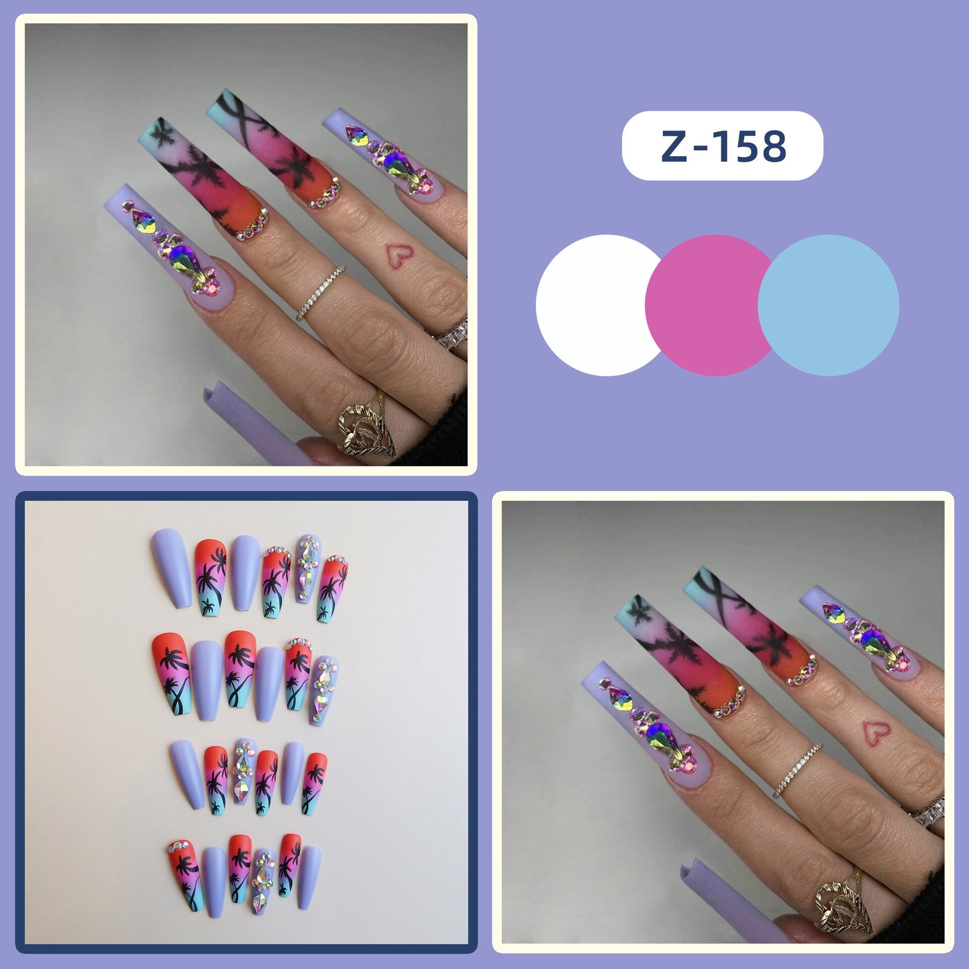 3D fake nails accessories Tropical Coconut Tree designs long french coffin tips faux ongles press on false acrylic nail supplies