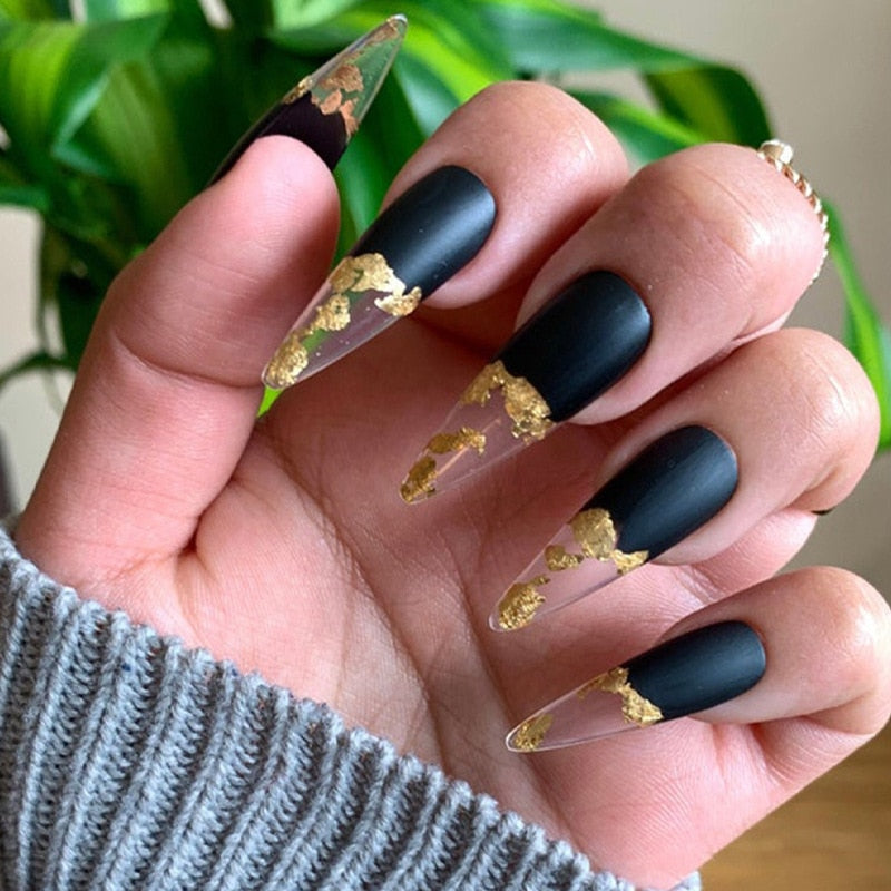 3D fake nails accessories black gold glitters french almond wearing tips faux ongles press on acrylic false nail set supplies