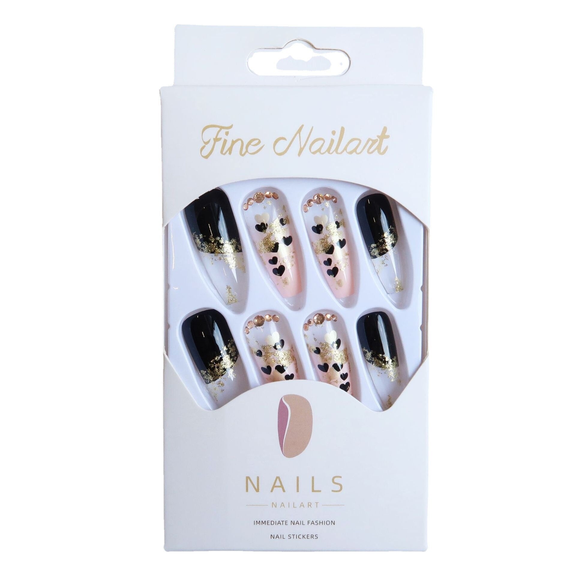 3D fake nails accessories long french coffin tips black gold heart glitters with diamond designs faux ongles press on false nail Default Title
