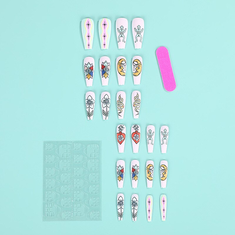 3D fake nails accessories long french coffin tips frog snake rose flower designs faux ongles press on acrylic false nail set
