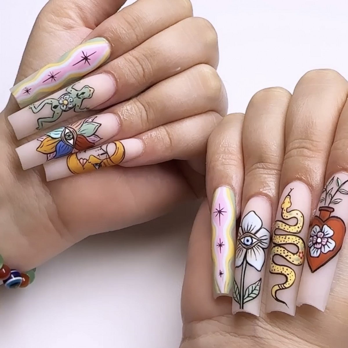3D fake nails accessories long french coffin tips frog snake rose flower designs faux ongles press on acrylic false nail set