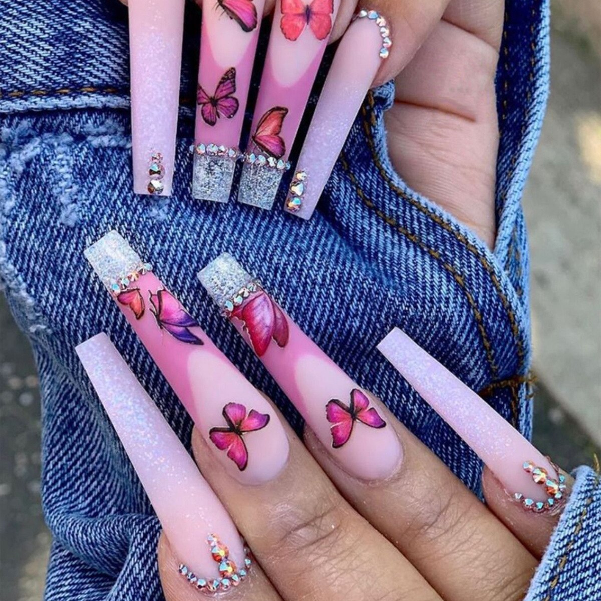 3D fake nails accessories long french coffin tips with red butterfly diamond glitter designs faux ongles press on false nail set