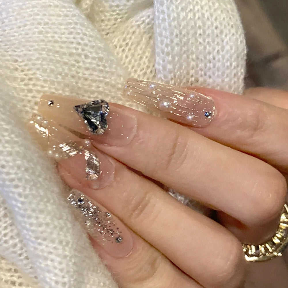 3D fake nails accessories nude french coffin tips with glitter diamond pearls faux ongles manicure press on false nail supplies