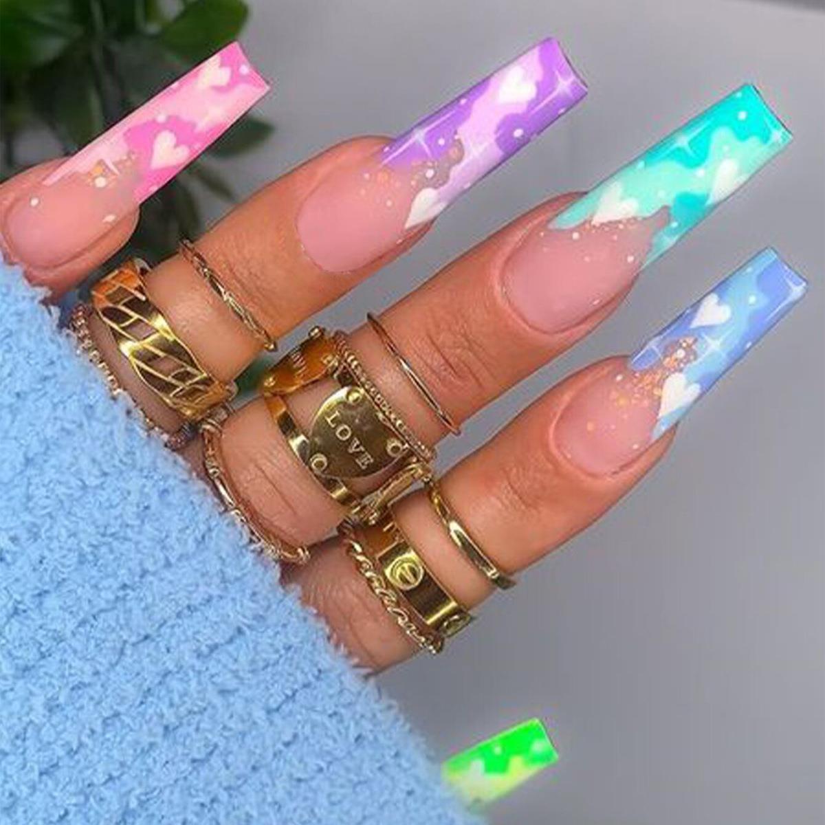 3D fake nails accessories rainbow heart with glitters long french coffin tips faux ongles press on acrylic false nail supplies