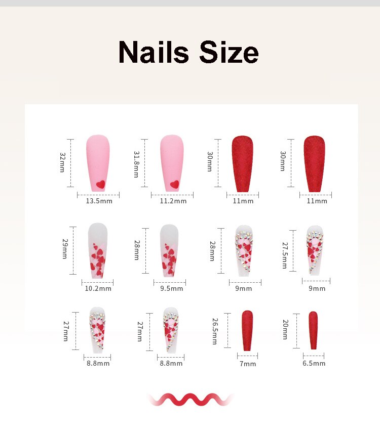 3D fake nails accessories red heart with glitter diamond designs long french coffin tips faux ongles press on false nails set