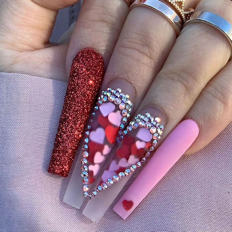 3D fake nails accessories red heart with glitter diamond designs long french coffin tips faux ongles press on false nails set