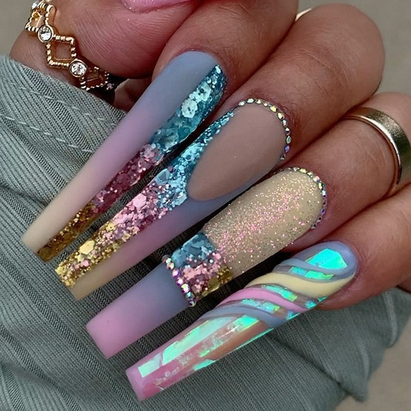 3D fake nails accessories super flash glitter rainbow daimond long french coffin tips faux ongles press on false nail supplies