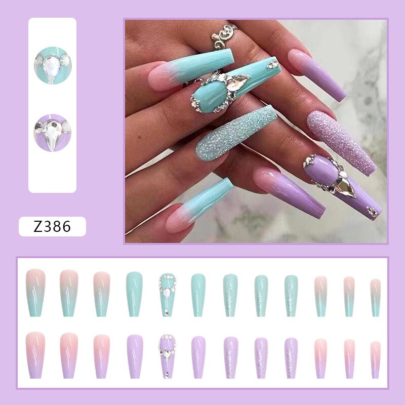 3D fake nails green purple Double Color long french coffin tips with diamond glitters faux ongles press on false nail supplies Default Title