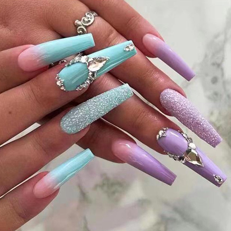 3D fake nails green purple Double Color long french coffin tips with diamond glitters faux ongles press on false nail supplies