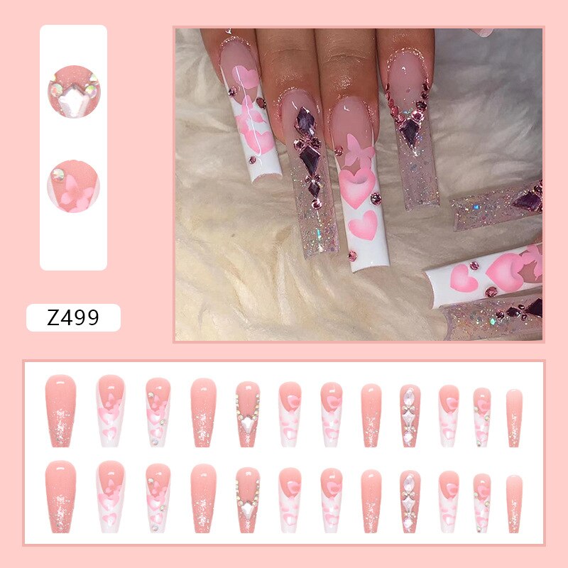 3D fake nails set Pink heart butterfly with glitter diamond long french coffin tips strobe faux ongles press on false nail kit
