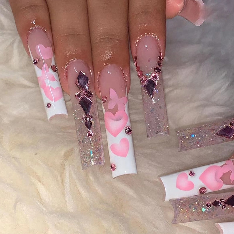 3D fake nails set Pink heart butterfly with glitter diamond long french coffin tips strobe faux ongles press on false nail kit