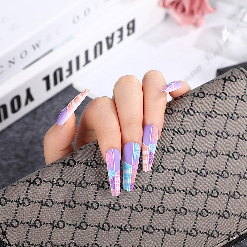 3D fake nails set accessories colorful flowers long french coffin wearing tips faux ongles press on acrylic false nail supplies B no box
