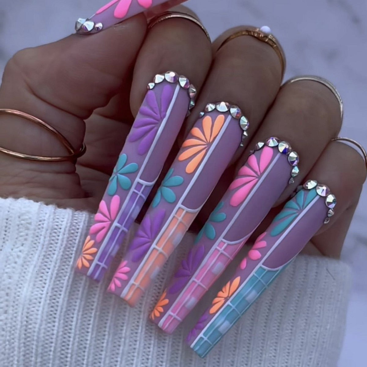 3D fake nails set accessories colorful flowers long french coffin wearing tips faux ongles press on acrylic false nail supplies