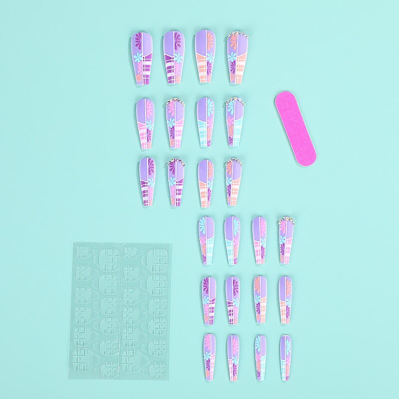 3D fake nails set accessories colorful flowers long french coffin wearing tips faux ongles press on acrylic false nail supplies