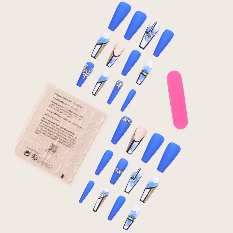 3D fake nails set blue flowers with glitter diamond designs Spicy Girl Matte long french coffin tips press on false nail supplie