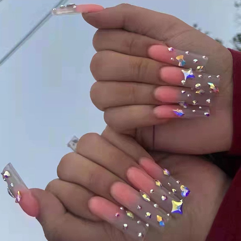 3D fake nails set glossy pink long french coffin tips with glitter star diamond faux ongles press on acrylic false nail supplies