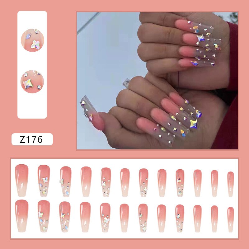 3D fake nails set glossy pink long french coffin tips with glitter star diamond faux ongles press on acrylic false nail supplies Default Title