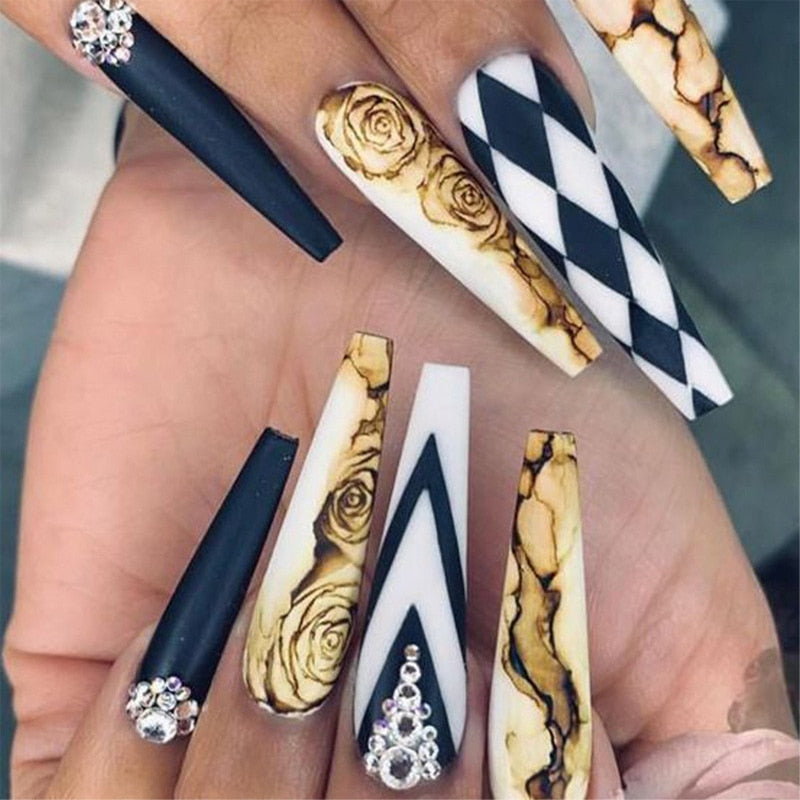 3D fake nails set long french coffin tips camellia flower lattice with glitter diamond faux ongles press on false nail supplies