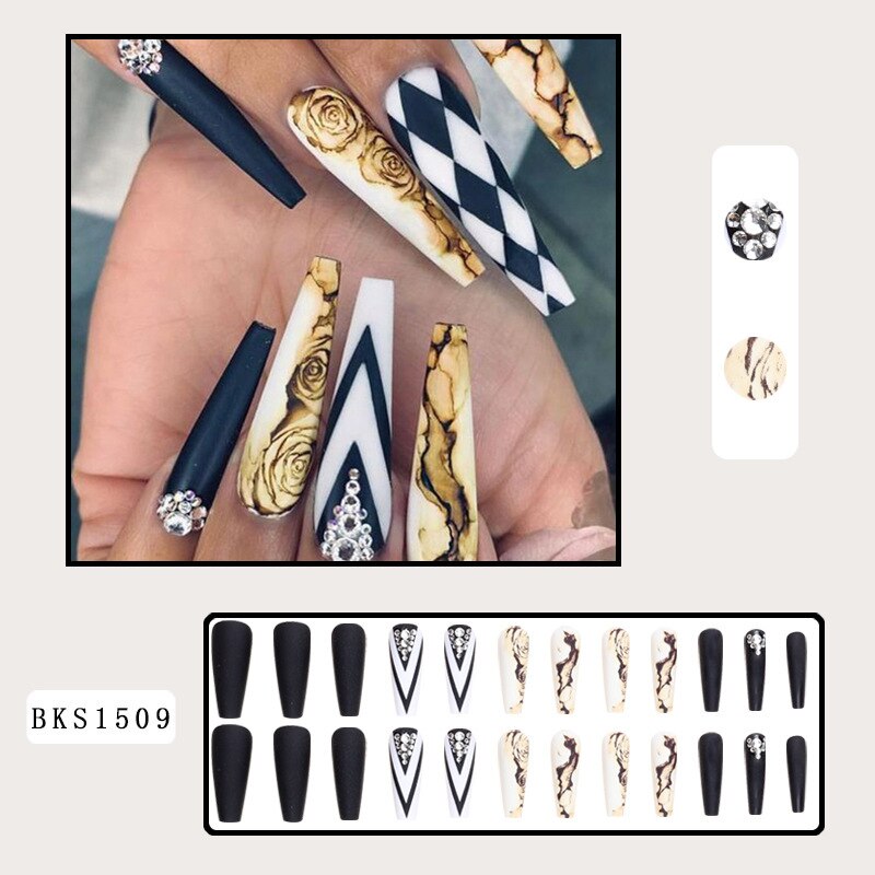 3D fake nails set long french coffin tips camellia flower lattice with glitter diamond faux ongles press on false nail supplies Default Title