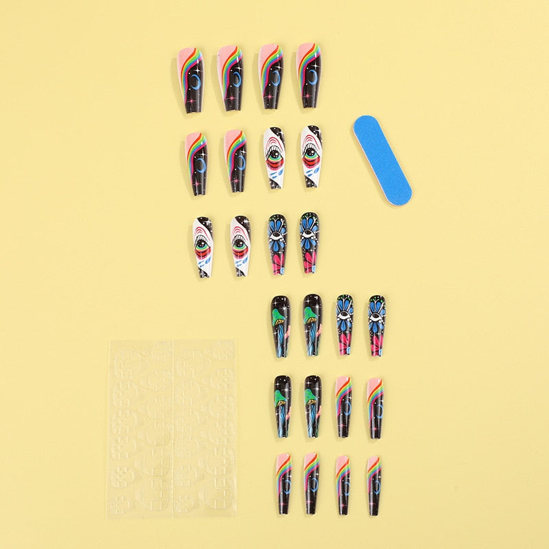 3D fake nails set press on faux ongles long french coffin tips Star Celestial Eye designs DIY manicure accessories false nails A with box