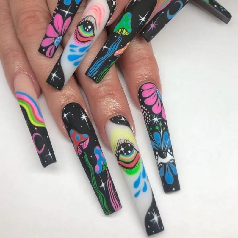 3D fake nails set press on faux ongles long french coffin tips Star Celestial Eye designs DIY manicure accessories false nails