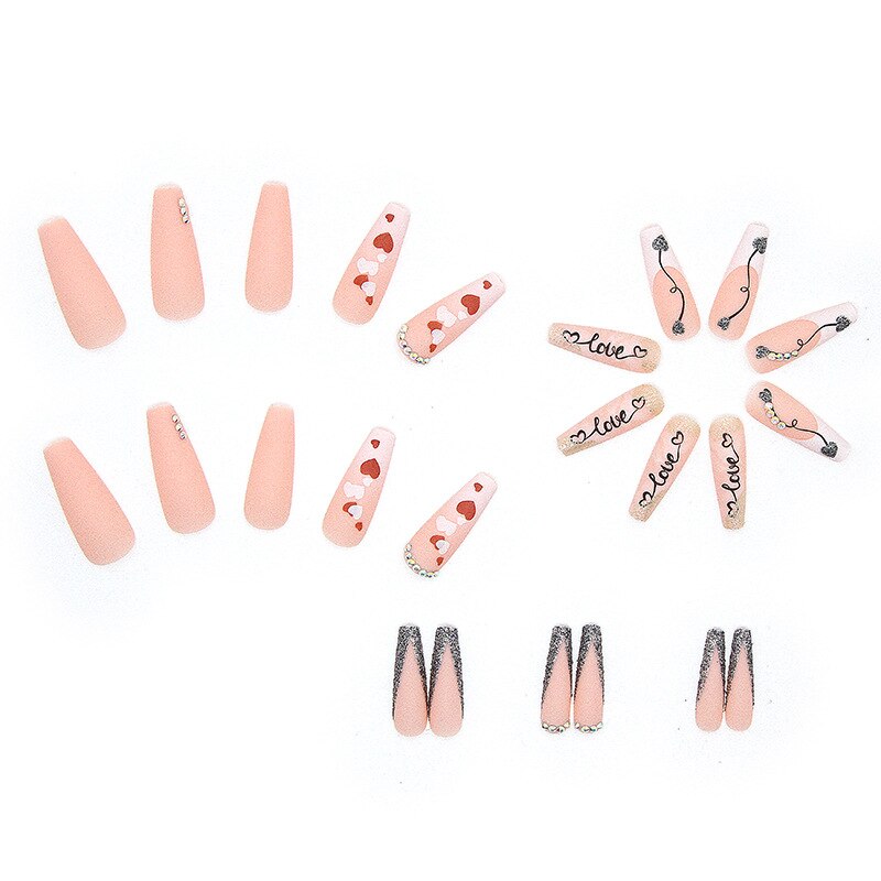 3D fake nails with pink heart glitter diamond designs long french coffin tips faux ongles press on false nail supplies set