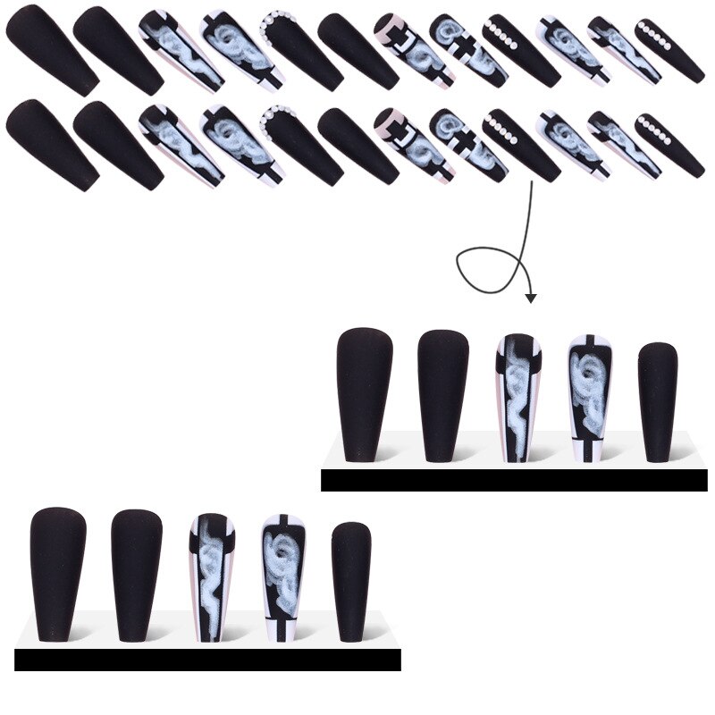 3D long fake nails black marbling Graffiti Aura french coffin tips with diamond faux ongles press on acrylic false nail supplies