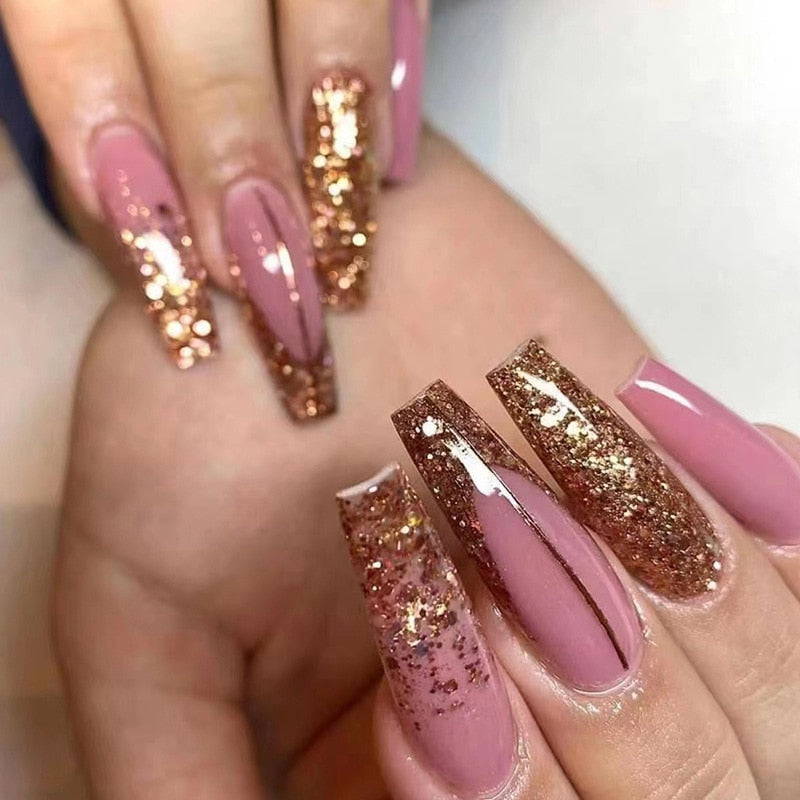 3D strobe ballet fake nails accessories rose gold glitters long french coffin tips faux ongles press on false nail supplies set