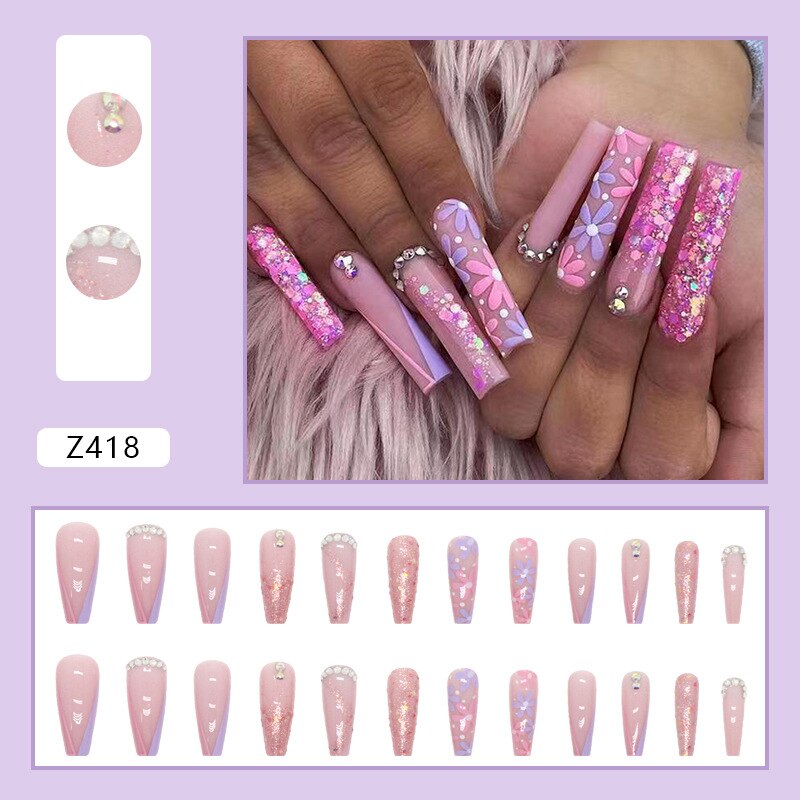 3D strobe fake nails Pink purple flowers with glitter diamond flakes long french coffin tips faux ongles press on false nail set Default Title