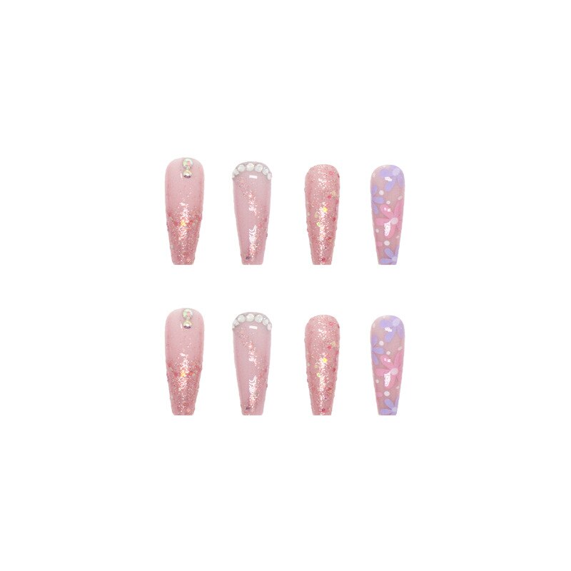 3D strobe fake nails Pink purple flowers with glitter diamond flakes long french coffin tips faux ongles press on false nail set
