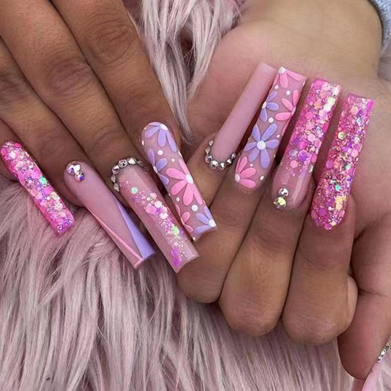 3D strobe fake nails Pink purple flowers with glitter diamond flakes long french coffin tips faux ongles press on false nail set