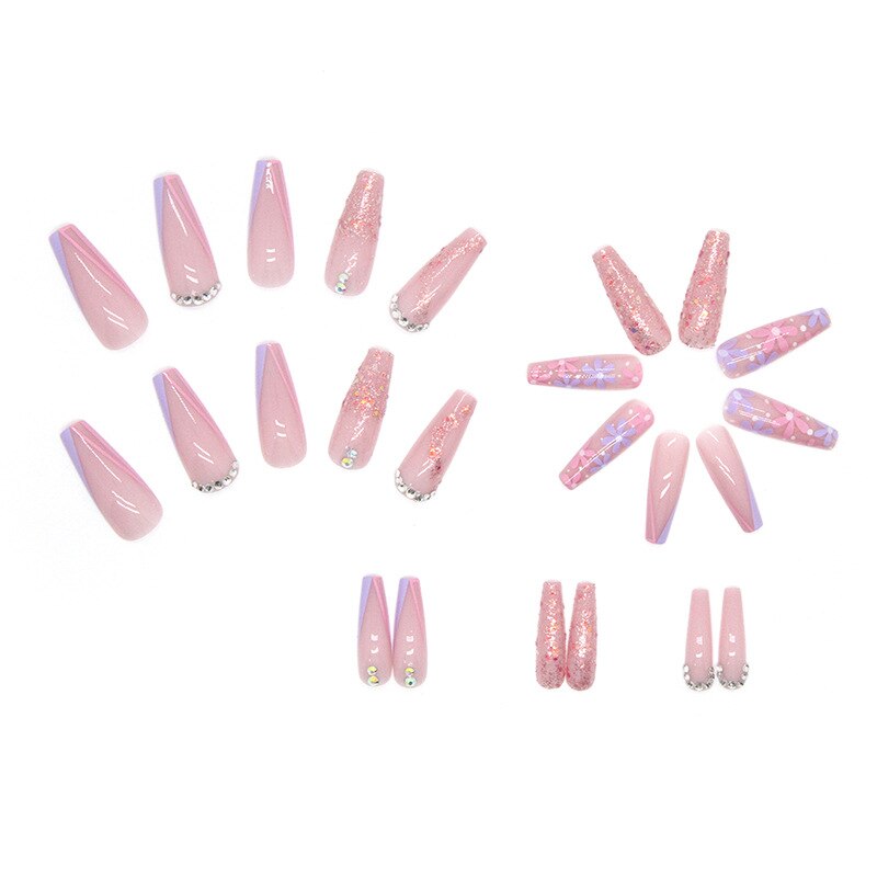 3D strobe fake nails Pink purple flowers with glitter diamond flakes long french coffin tips faux ongles press on false nail set
