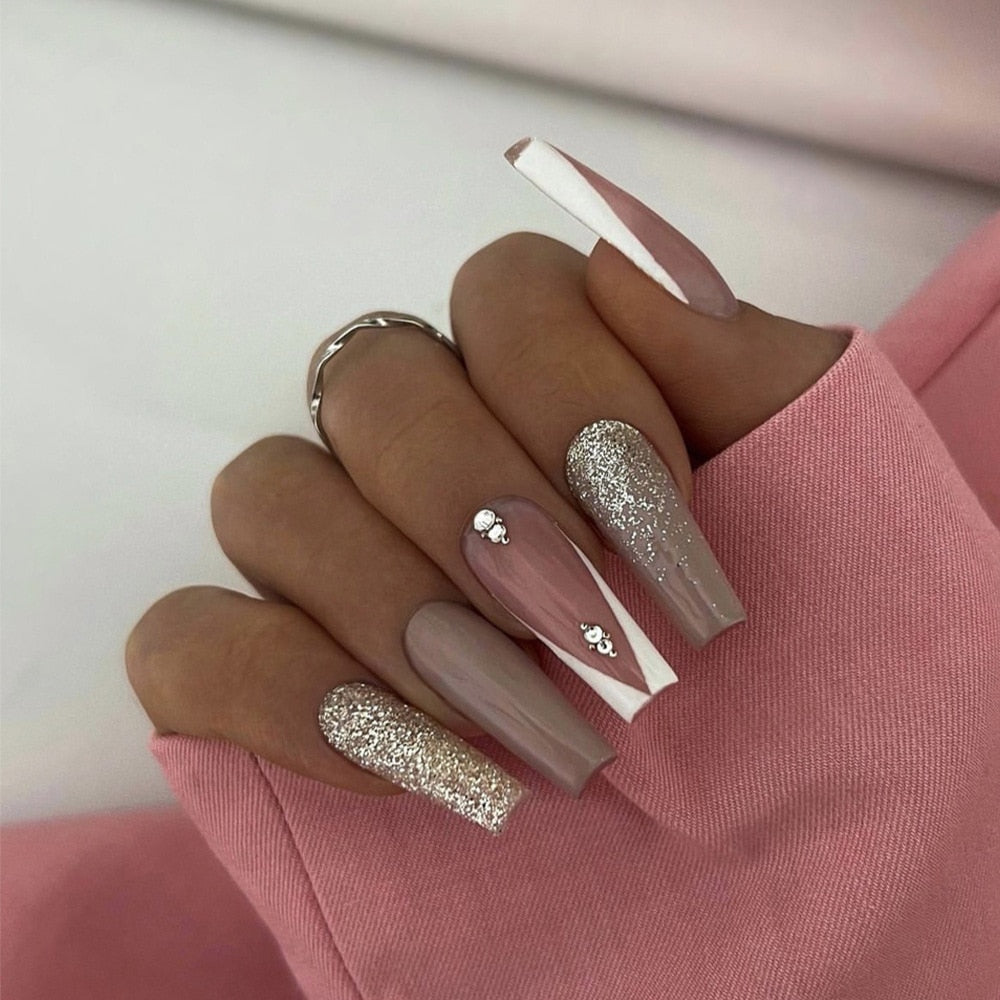 3D strobe fake nails accessories gold glitters pink french coffin tips with diamond faux ongles press on acrylic false nails set