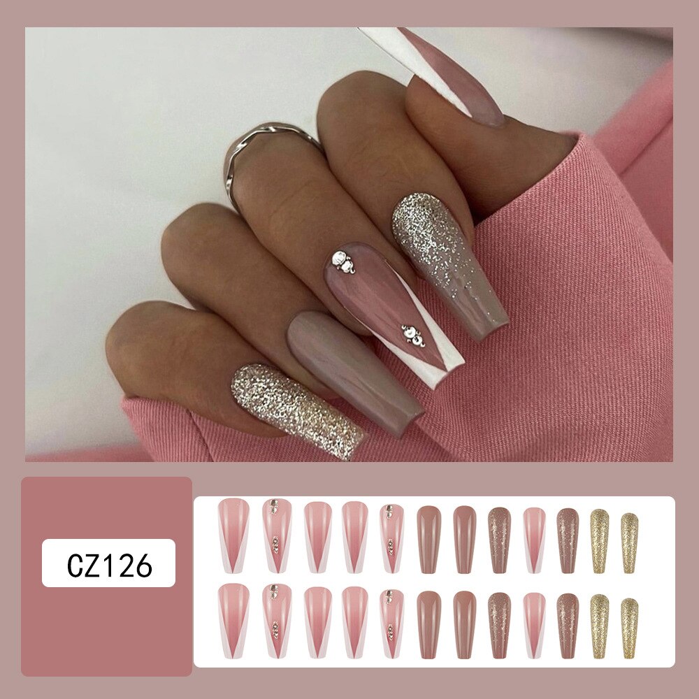 3D strobe fake nails accessories gold glitters pink french coffin tips with diamond faux ongles press on acrylic false nails set Default Title
