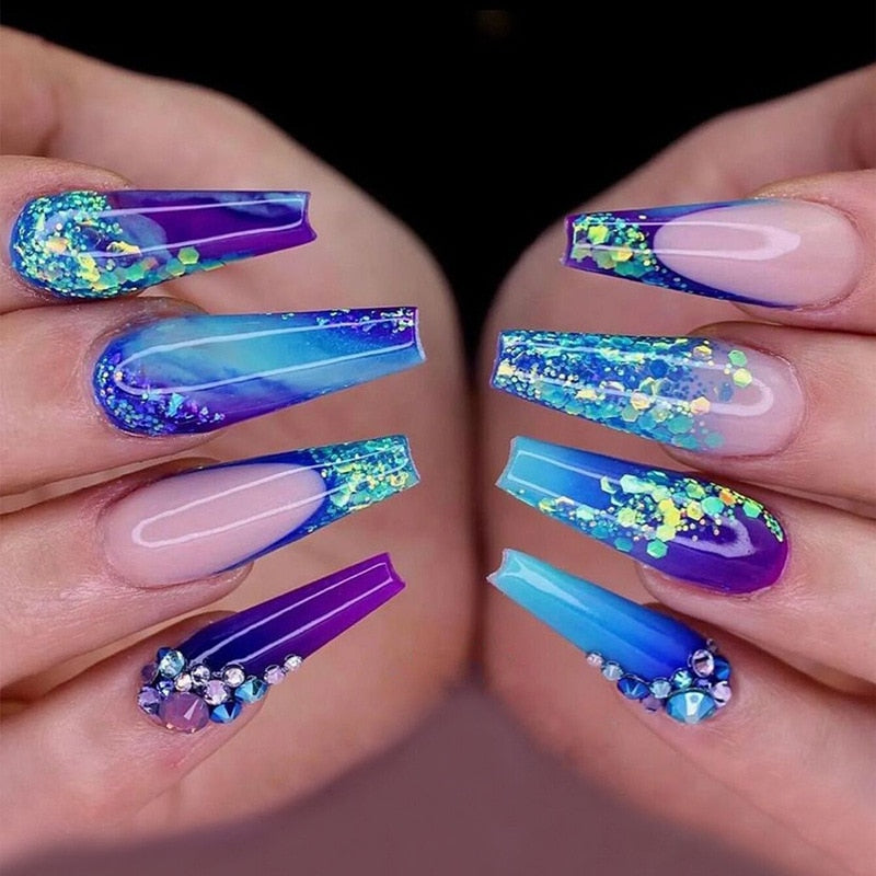 3D strobe fake nails accessories gradient blue purple with flash glitters diamond designs faux ongles press on false nail set
