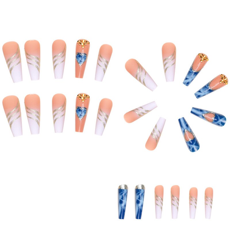 3D strobe fake nails accessories nude blue long french coffin tips with diamond glitters heart design faux ongles press on nails