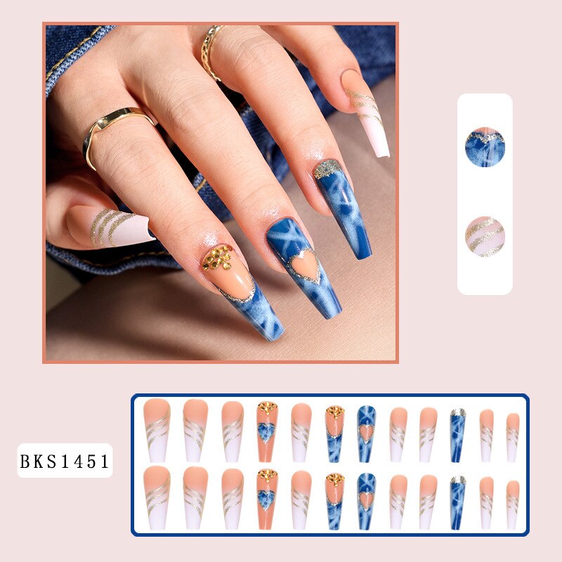 3D strobe fake nails accessories nude blue long french coffin tips with diamond glitters heart design faux ongles press on nails Default Title