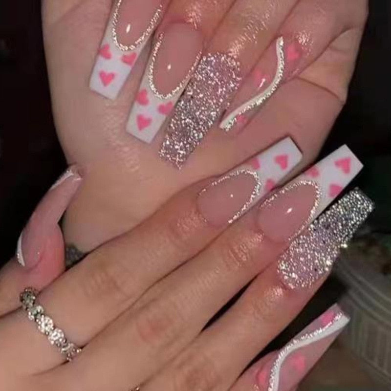3D strobe fake nails pink heart with flash glitter diamond designs long french coffin tips faux ongles press on false nail set